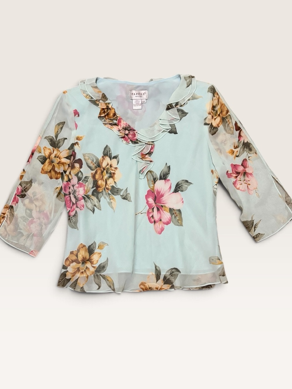Papell Petites 12P 100% Silk Floral Ruffle Blouse Sheer Sleeve Aqua
